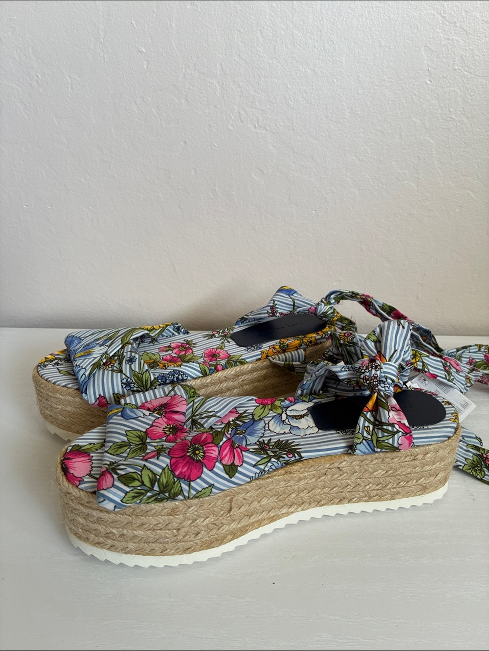 Zara Floral Tie-Up Espadrille Platform Sandals - Pink & Blue